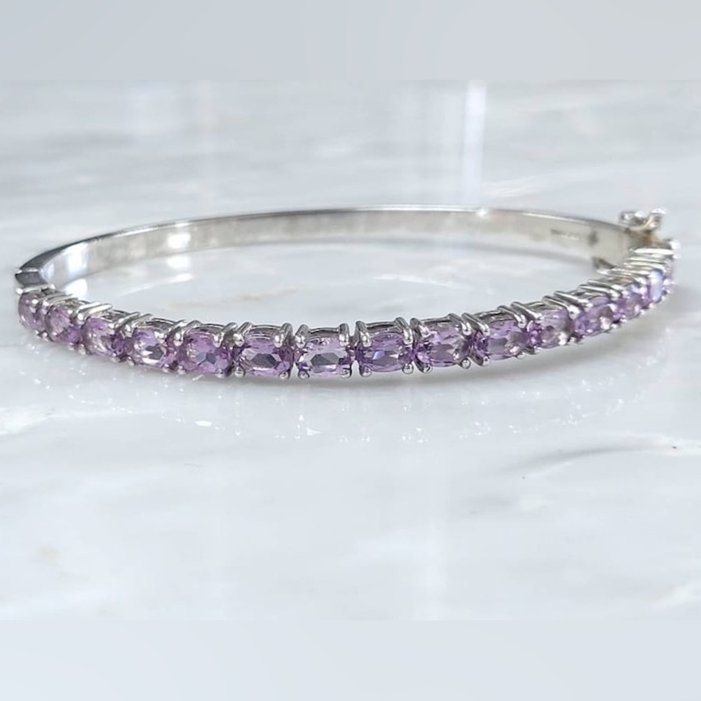 Purple Cubic Zirconia Sterling Silver 925 Hinged Bangle Bracelet Size 7-1/2"